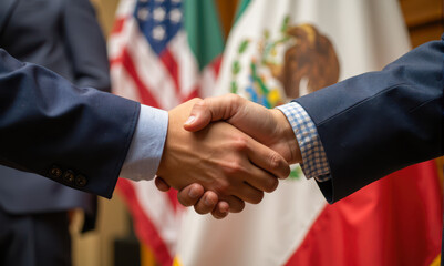 USA and Mexico Handshake between businesspeople with American and Mexican flags in background. negotiation success partnership agreement diplomacy, business deal collaboration