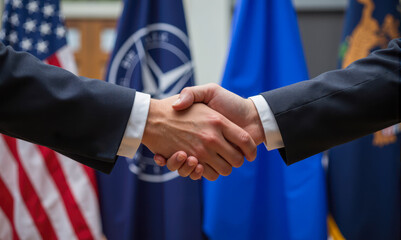 USA NATO leaders handshake during negotiations showcasing international collaboration diplomacy teamwork flags partnership global cooperation agreement political discussion