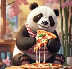 Fat panda eating pizza greedily