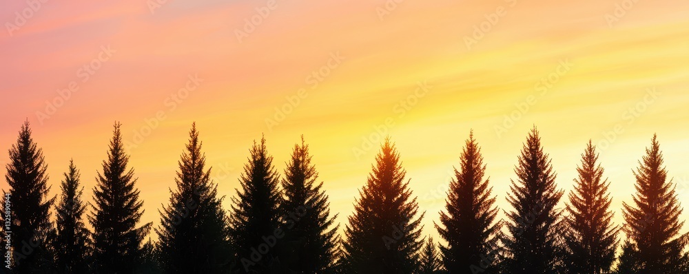 Poster a tranquil sunset casts a warm glow over a row of silhouetted evergreen trees, creating a serene and