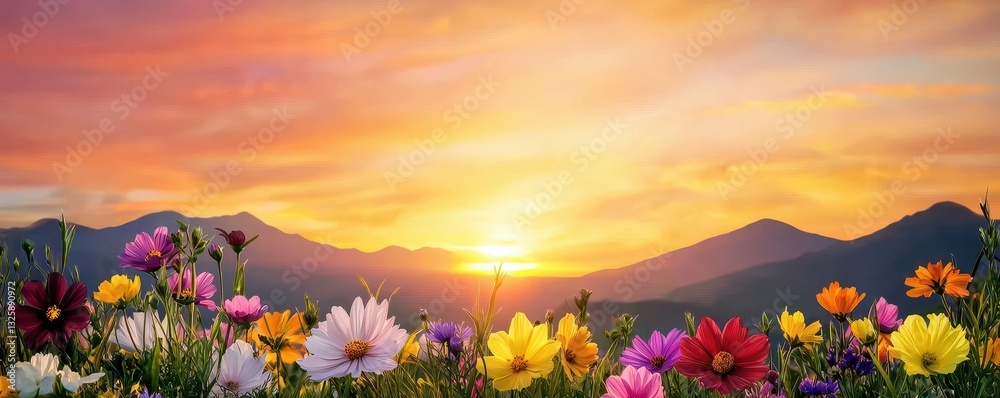 Poster a vibrant sunset illuminates a mountain backdrop, surrounded by a colorful array of blooming flowers