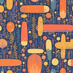 Vibrant Abstract Floral and Tree Pattern Autumnal Hues Nature Design Seamless Textile