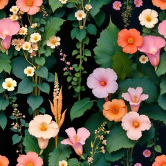 Vibrant Floral Pattern Peach Pink and Orange Blossoms Lush Green Foliage Seamless Design