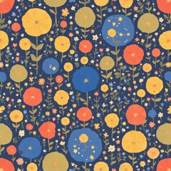 Vibrant Floral Seamless Pattern Colorful Flowers Botanical Illustration Dark Blue Background Spring