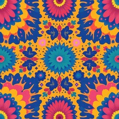 Vibrant Floral Textile Design Bold Colors Seamless Pattern Summer Flowers Yellow Background Repeat