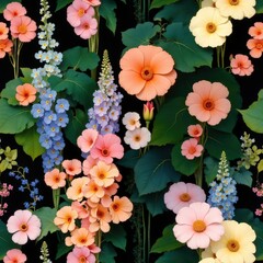 Vibrant Peach Pink and Blue Flowers in Lush Green Foliage Botanical Garden Floral Arrangement