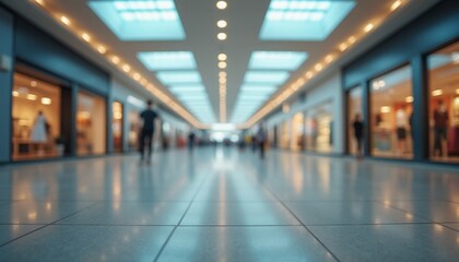 Fototapeta premium A bustling shopping mall corridor is captured from a low angle, showcasing shoppers moving in various directions. The bright overhead lights and stylish storefronts create an inviting atmosphere