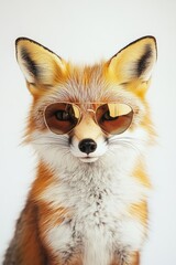 Fototapeta premium Fox wearing sunglasses stylish portrait in studio on white background trendy pet animal fashion playful adorable creature cool summer vibes fun.