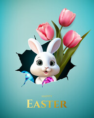 Happy Easter card with hole, egg, tulips and bunny.