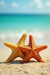 Close-up of two starfish embracing on a sunny beach, love, pair