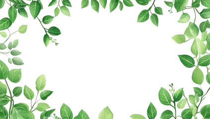 border of various green leaves arranged around a blank white space creating a natural and fresh aesthetic suitable for backgrounds or designs