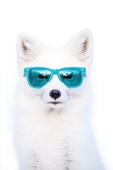 Obraz premium Fox wearing sunglasses in bright sunlight, cool wildlife animal portrait, trendy pet fashion, summer vibes, modern animal photography, stylish Arctic fox.