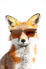 Obraz premium Fox wearing sunglasses in bright white background, playful animal portrait, modern wildlife, trendy pet accessory, fun animal photography, cute fox image.