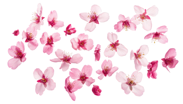 delicate pink cherry blossom flowers scattered against a white background showcasing their beauty and fragility ideal for design decoration or botanical studies