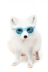 Obraz premium Fox wearing stylish blue sunglasses posing for the camera against a white background, trendy pet portrait lifestyle image for social media and marketing.
