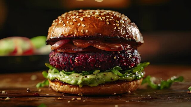 video of On a wooden table, there are tasty, wholesome vegan burgers made with beetroot and quinoa, served with avocado sauce. Healthy food