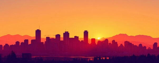 Fototapeta premium A city skyline silhouette sits beneath a colorful sunset horizon