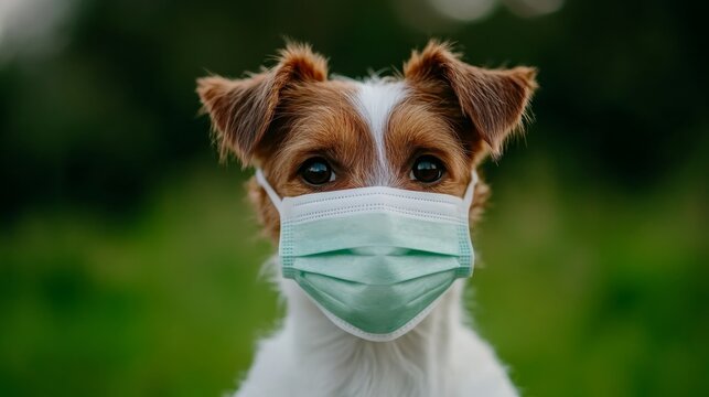 Dog wearing a face mask outdoors showing awareness of health and safety in a natural environment