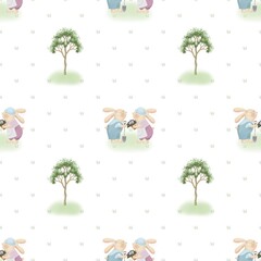 Seamless flowers pattern with bunny gardener and flowers on a beige background. Ideal for spring,  gifts for  gardener, home decor, holiday, fabric, gift paper, packaging, Earth Day © Svitlana Kulibaba 