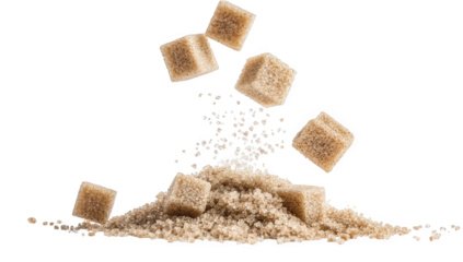 brown sugar cubes suspended above a mound of granulated brown sugar emphasizing texture and sweetness it highlights the natural color and form of sugar ideal for food-related content