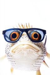 Fototapeta premium Fish wearing sunglasses with a quirky expression posing for a fun underwater adventure concept in a vibrant aquatic setting with playful marine life.