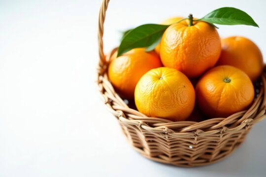 Close-up of wicker basket full of ripe oranges on white background, fruits, oranges