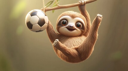 Adorable sloth hanging from branch with soccer ball.