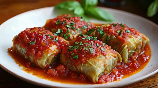 video of Classic Polish stuffed cabbage rolls (gołąbki) served with tomato sauce