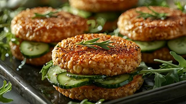 video of The idea of a plant-based diet is highlighted in vegan chickpea burgers garnished with arugula, pickled cucumbers, and hummus