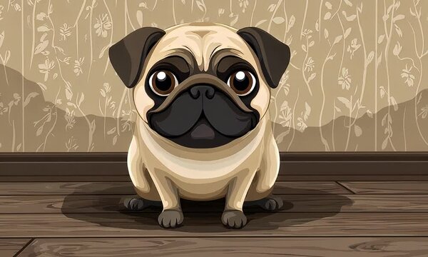 Illustration Dog sitting indoors against floral wall and wood floor in a playful, cartoonish style