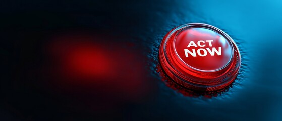 3D rendered red button ACT NOW symbolizes urgency, immediate action and response