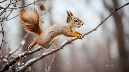 Obraz premium Squirrel Leaping Through Snowy Forest Branches with Soft Snowfall and Blurred Background