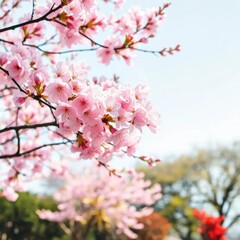 Obraz premium Delicate pink petals unfold on a serene white background, sakura tree, garden, trees