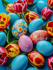 Fototapeta premium Colorful Easter eggs surrounded by vibrant tulips on blue background during spring season.
