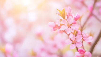 Pink spring flowers background with copy space. Delicate floral backdrop for design, greeting cards, or seasonal projects.