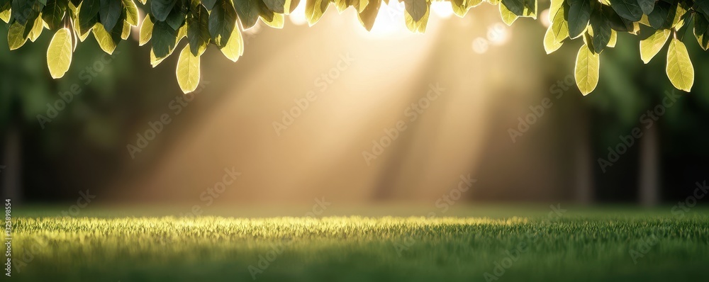 Poster a serene scene with sunlight filtering through leaves, casting a warm glow on the grass below, evoki