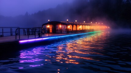 Fototapeta premium Illuminated Riverboat at Night Misty Lake Neon Lights Calm Water