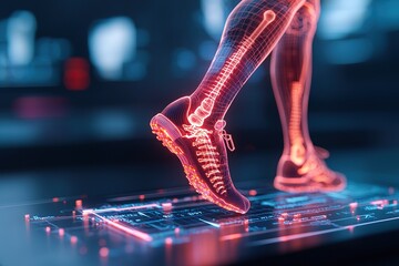Digital representation of a human leg in motion, highlighting skeletal structure and athletic footwear.