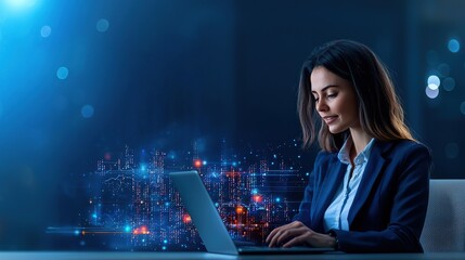 A focused professional working on a laptop in a digital environment with abstract data visuals.