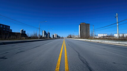 Empty asphalt road with yellow lines leading to city buildings under a clear blue sky.