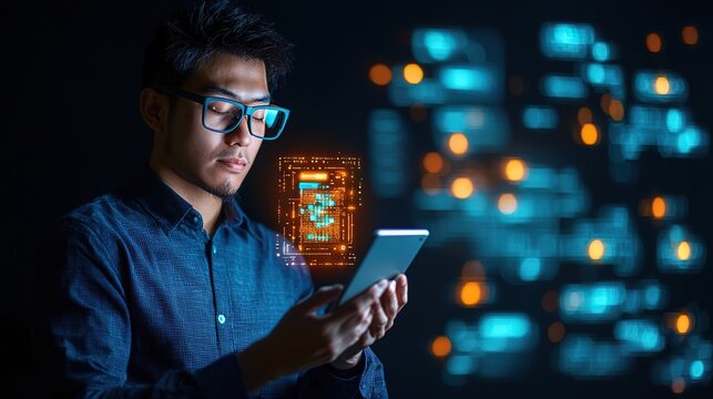 Young man using a smartphone with digital data overlay in a modern setting.