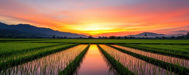 Obraz premium A stunning sunset over a lush rice field, reflecting vibrant colors in water channels, with distant mountains enhancing the serene landscape.