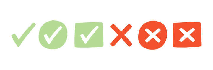 Fototapeta premium Green Checkmark Red Cross Symbol Handdrawn Set