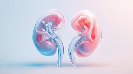 3D rendered image of transparent human kidneys with internal structures visible, against a pastel background.