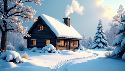 Snow-covered cottage with smoke rising from chimney, peaceful, cozy, cabin