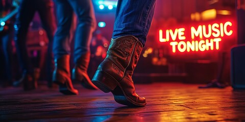 Cowboys dancing with boots on a wooden stage with live music tonight sign