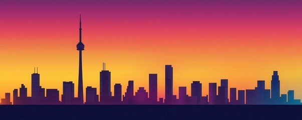 Obraz premium A vibrant city skyline silhouetted against a colorful sunset, showcasing iconic buildings and a tranquil atmosphere.