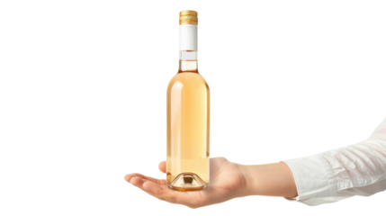 Hand holding glass bottle of white wine with transparent background
