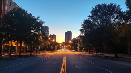 Obraz premium Empty city street at sunrise, lined with trees and buildings.