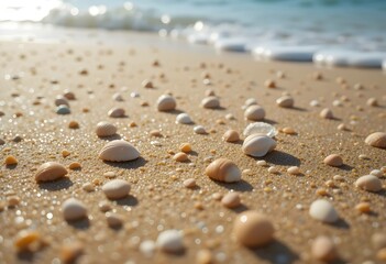 Sparkling sunlit seashells closeup on bright sandy beach. Inviting coastal scene, warm summer vacation, relaxing seashore. Ideal for travel holiday and nautical themes.